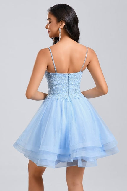 Robe Courte De Bal En Tulle Bleu - gallery 6