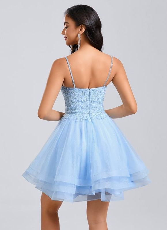 Robe Courte De Bal En Tulle Bleu - gallery 6