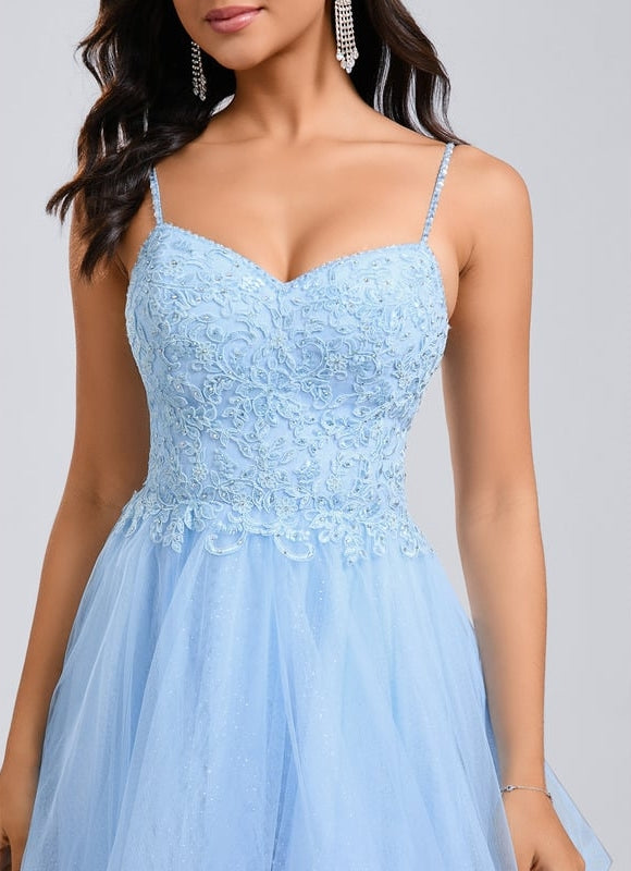 Robe Courte De Bal En Tulle Bleu - gallery 5