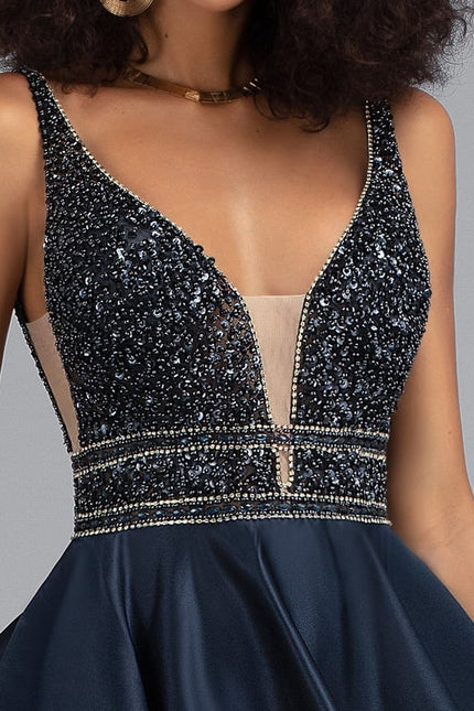Robe Courte Satinée Marine Avec Perles - gallery 4