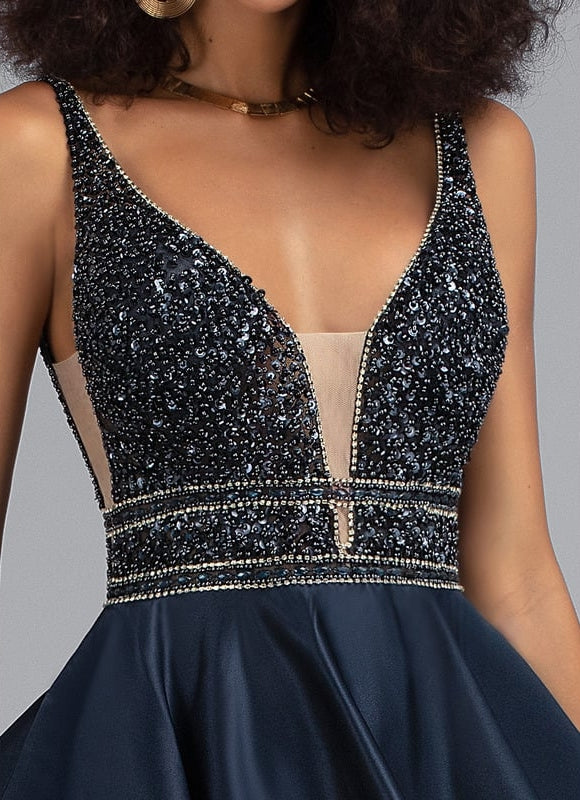 Robe Courte Satinée Marine Avec Perles - gallery 4