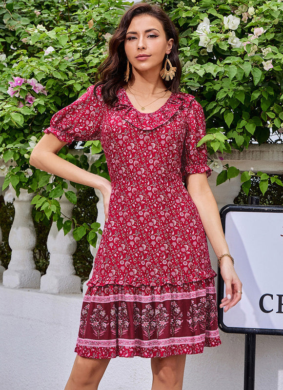 Robe Courte Bordeaux À Motifs - gallery 4