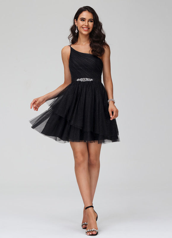 Robe Courte De Bal Asymétrique Scintillante - gallery 5