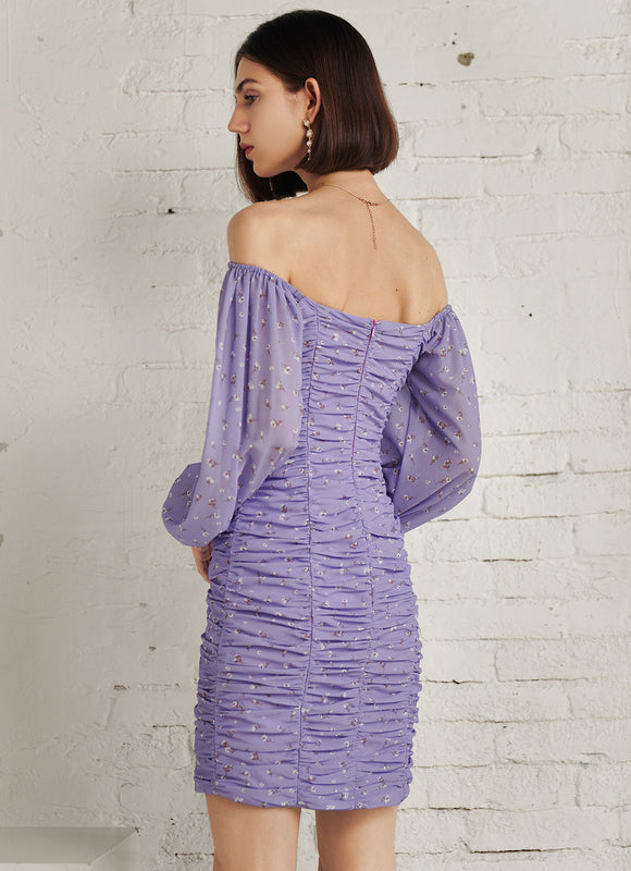 Robe Courte Violette Froncée - gallery 2