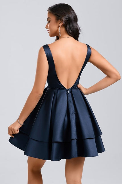 Robe Courte Satin Évasée Bleu - gallery 4