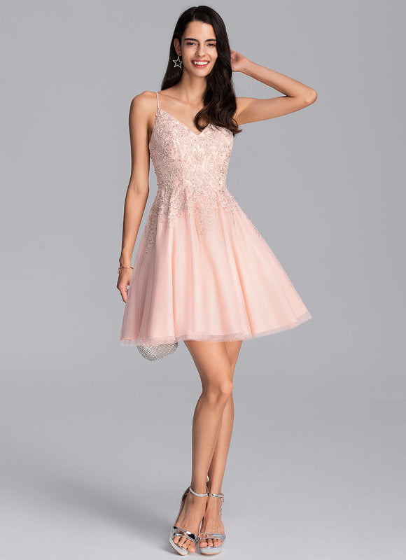 Robe Courte Tulle Rose Ornée - gallery 1