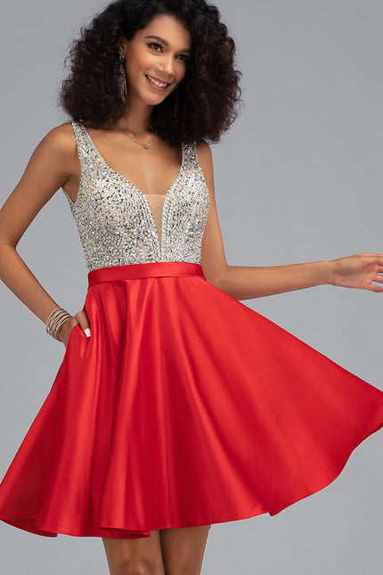 Robe Courte Satinée Rouge Brillante - gallery 2
