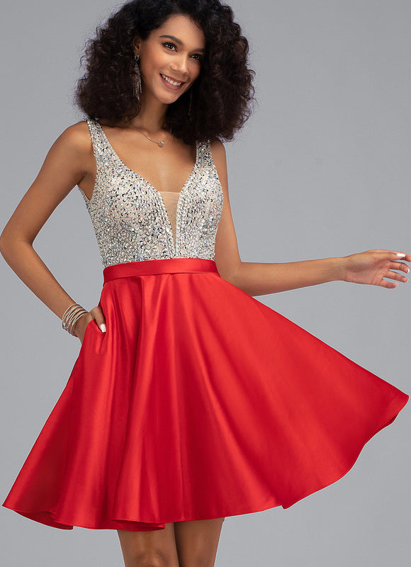 Robe Courte Satinée Rouge Brillante - gallery 2