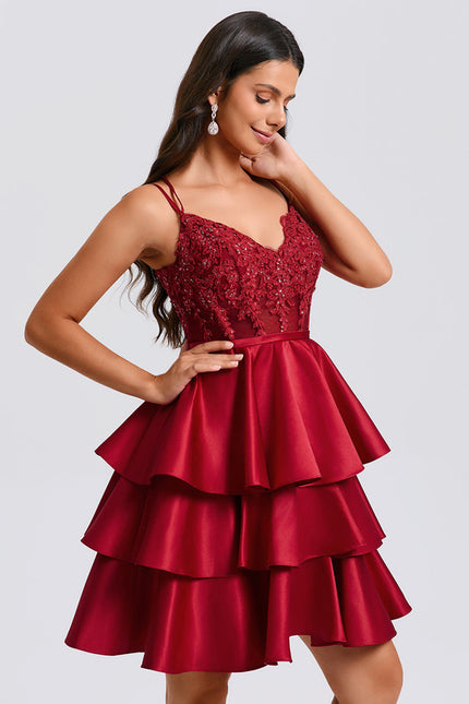 Robe Courte Satin Bordeaux À Volants - gallery 5