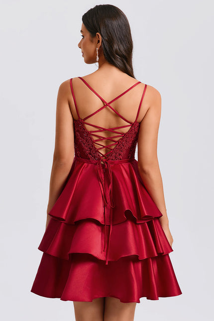 Robe Courte Satin Bordeaux À Volants - gallery 3