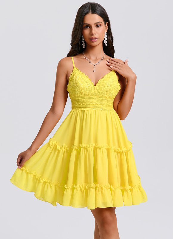 Robe Courte Jaune À Volants - gallery 1