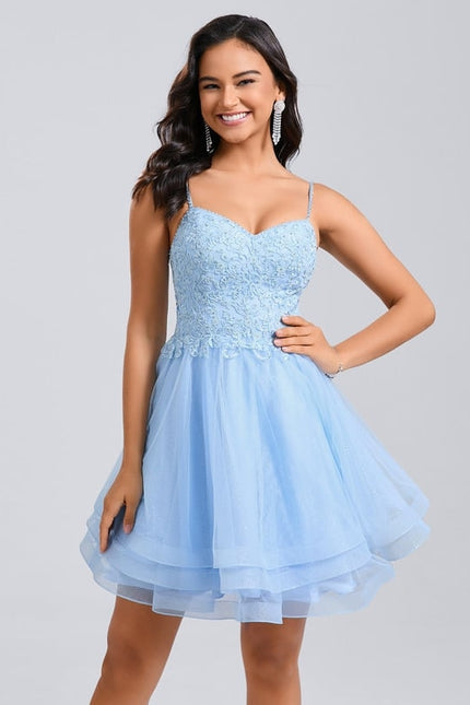 Robe Courte De Bal En Tulle Bleu - gallery 1