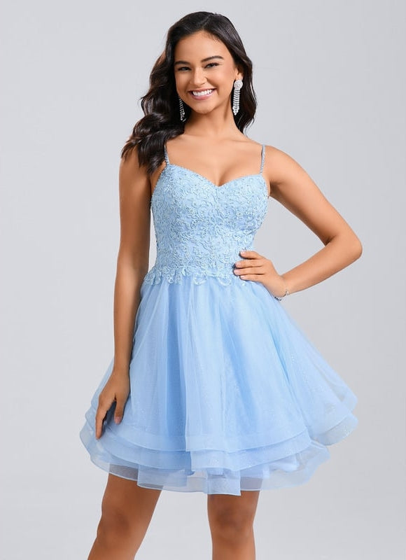 Robe Courte De Bal En Tulle Bleu - gallery 1