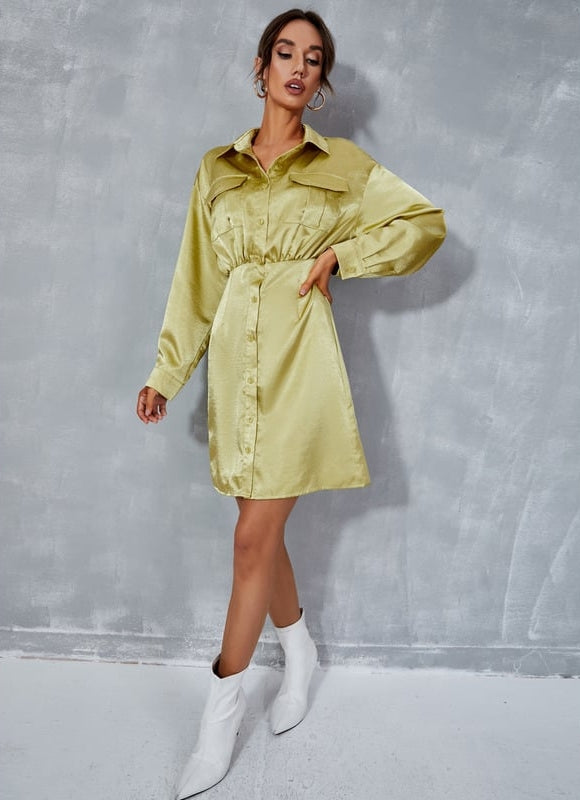 Robe Courte Satinée Verte - gallery 2