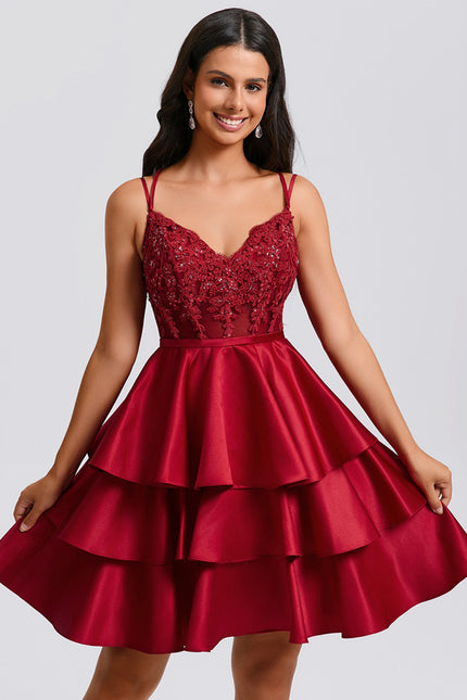 Robe Courte Satin Bordeaux À Volants