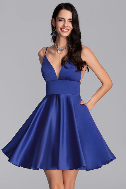 Robe Courte Évasée Bleu Satin - gallery 2