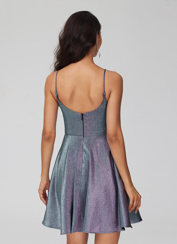 Robe Courte Satin Évasée Bleu - gallery 2