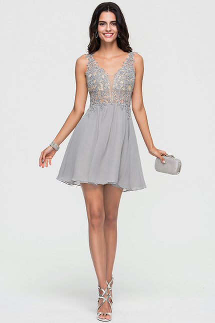 Robe Courte Courte Grise Ornée - gallery 1