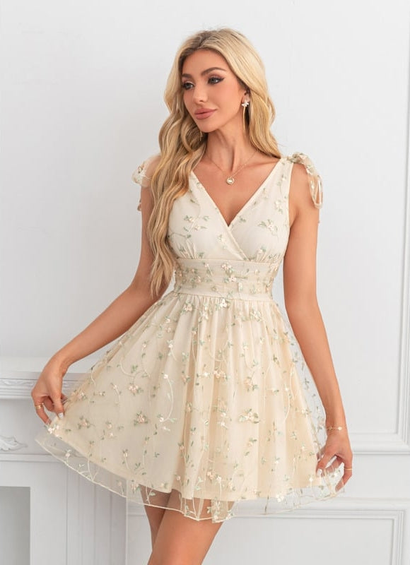 Robe Courte Tulle Beige Brodée