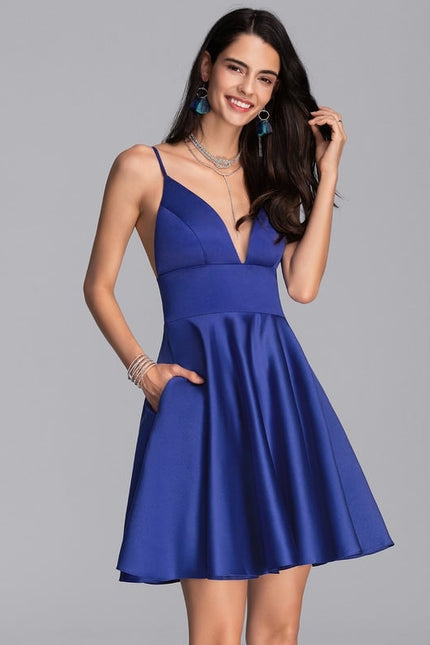 Robe Courte Évasée Bleu Satin