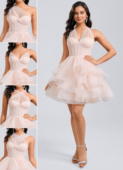 Robe Courte Tulle Asymétrique Rose