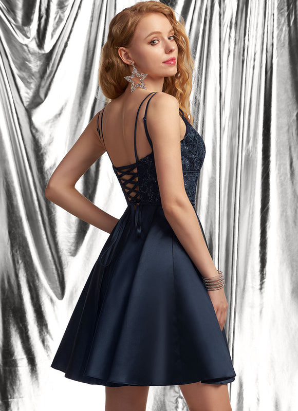 Robe Courte Satinée Marine - gallery 2