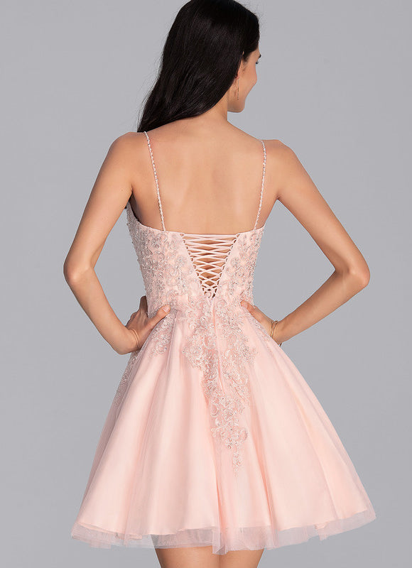 Robe Courte Tulle Rose Ornée - gallery 2