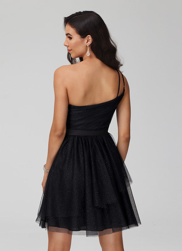 Robe Courte De Bal Asymétrique Scintillante - gallery 3
