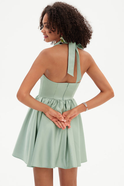 Robe Courte Satin Vert Pâle - gallery 2