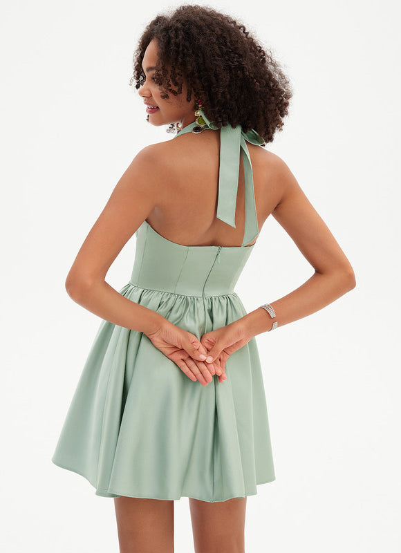 Robe Courte Satin Vert Pâle - gallery 2