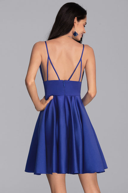 Robe Courte Évasée Bleu Satin - gallery 4