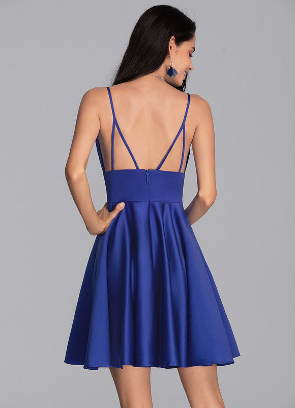 Robe Courte Évasée Bleu Satin - gallery 4