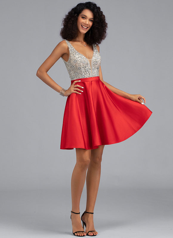 Robe Courte Satinée Rouge Brillante - gallery 3
