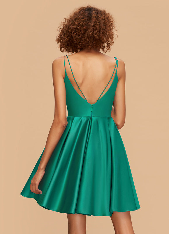 Robe Courte Satin Évasée Bleu - gallery 4