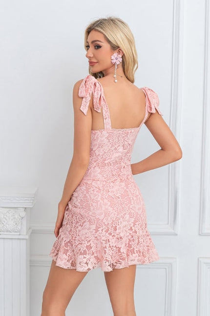 Robe Courte Dentelle Rose À Volants - gallery 1