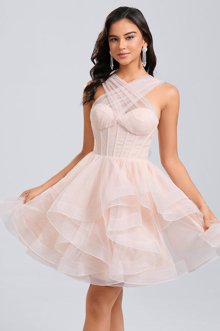 Robe Courte Tulle Asymétrique Rose - gallery 5