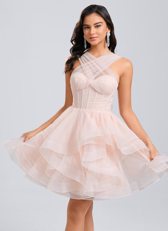 Robe Courte Tulle Asymétrique Rose - gallery 5