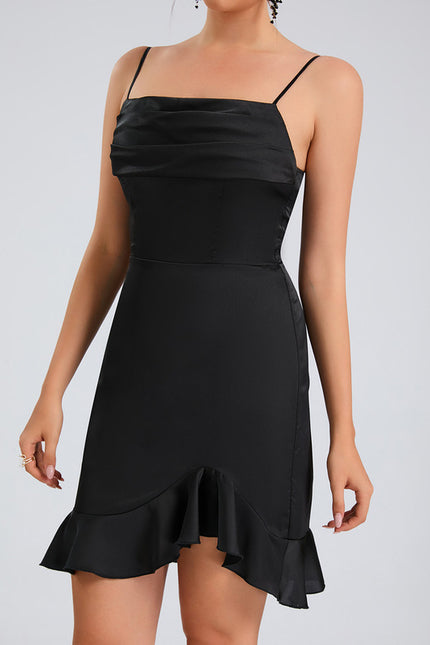 Robe Courte Satin Noir À Volants - gallery 6