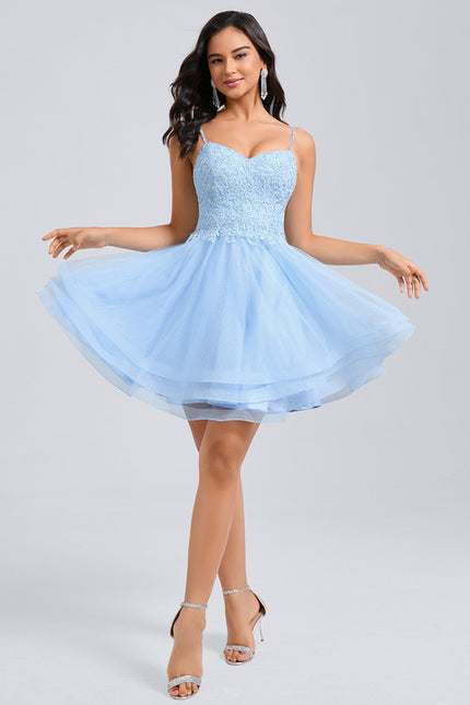 Robe Courte De Bal En Tulle Bleu - gallery 4