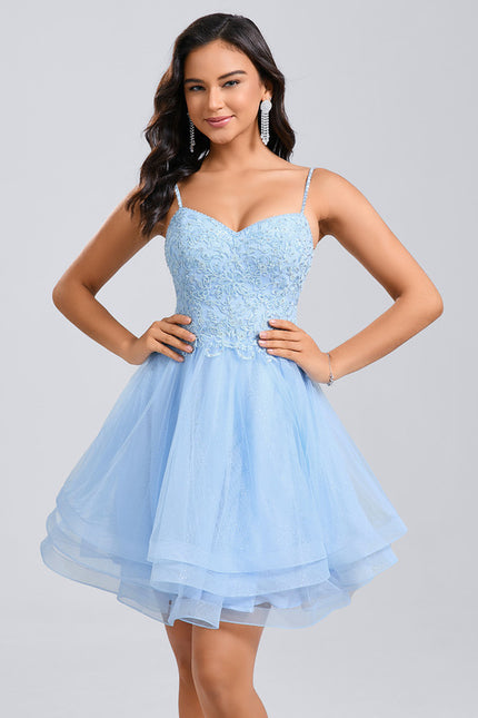 Robe Courte De Bal En Tulle Bleu - gallery 2
