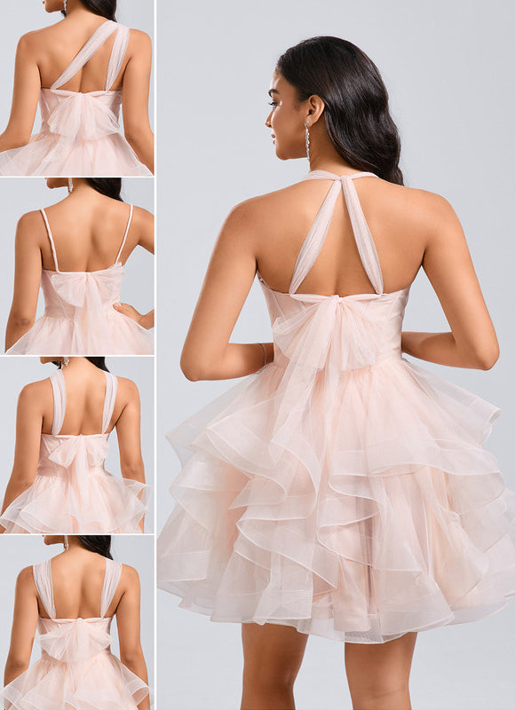 Robe Courte Tulle Asymétrique Rose - gallery 1