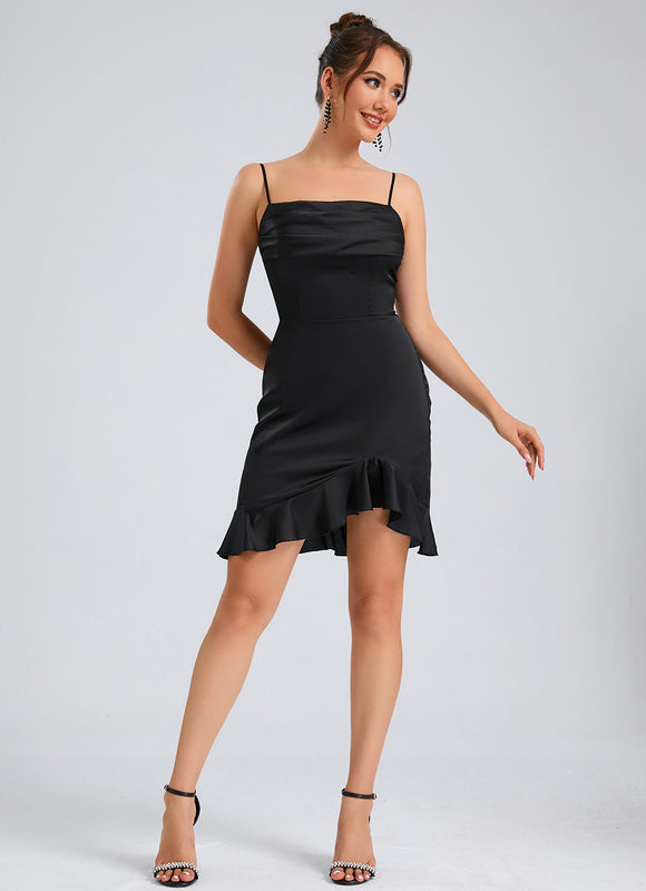 Robe Courte Satin Noir À Volants - gallery 3