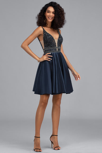Robe Courte Satinée Marine Avec Perles - gallery 3