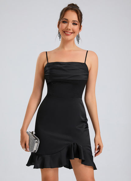 Robe Courte Satin Noir À Volants