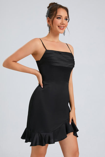 Robe Courte Satin Noir À Volants - gallery 4