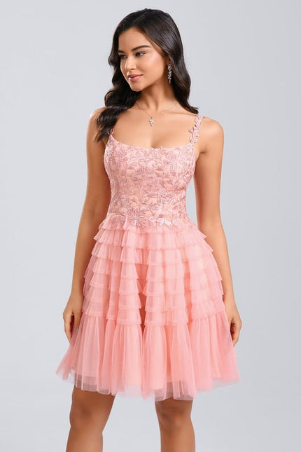 Robe Courte Tulle Rose Volants - gallery 2