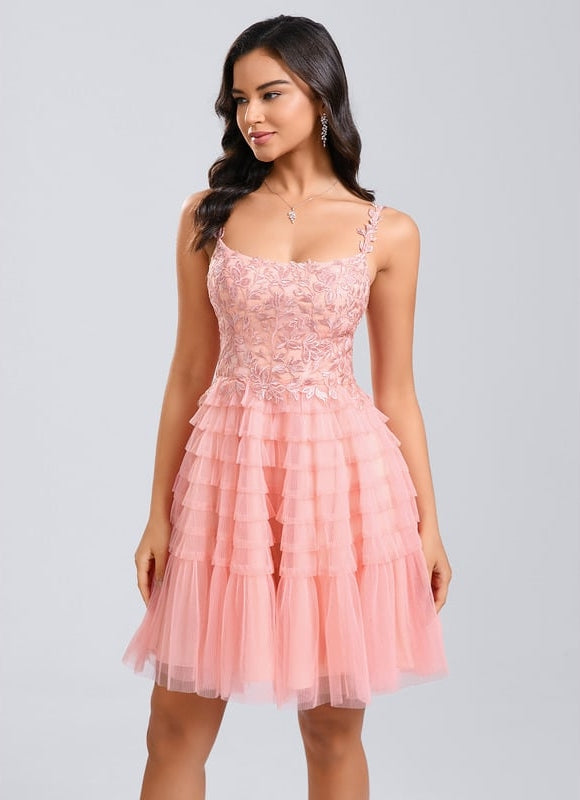 Robe Courte Tulle Rose Volants - gallery 2
