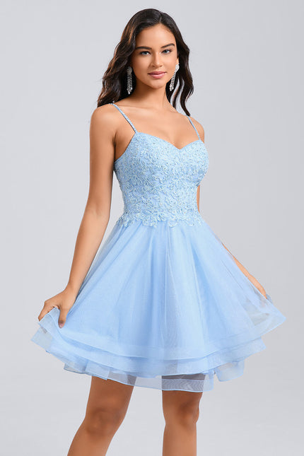 Robe Courte De Bal En Tulle Bleu - gallery 3