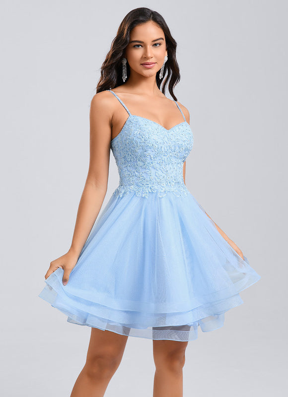 Robe Courte De Bal En Tulle Bleu - gallery 3