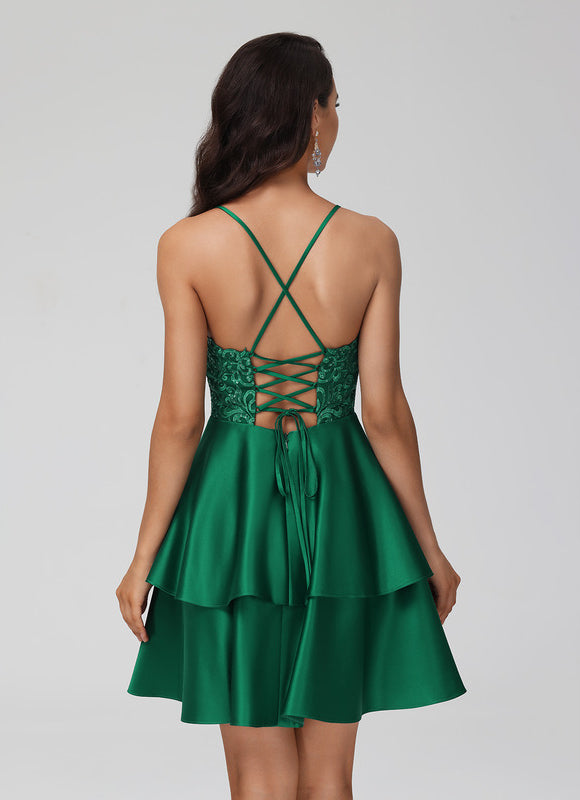 Robe Courte Soirée Satinée Émeraude - gallery 1